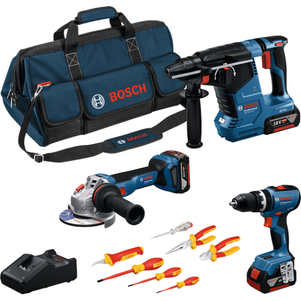 Set combinat Trusă cu 3 scule: GSB 18V-65 + GWS 18V-11 + GBH 18V-24 C + şurubelniţe şi cleşti VDE + 3 x GBA 5.0Ah + GAL