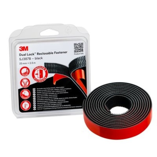 3M™ Dual Lock™ Reclosable Fastener SJ387B, Black, 25 mm x 2.5 m, 6.1 mm, Blister
