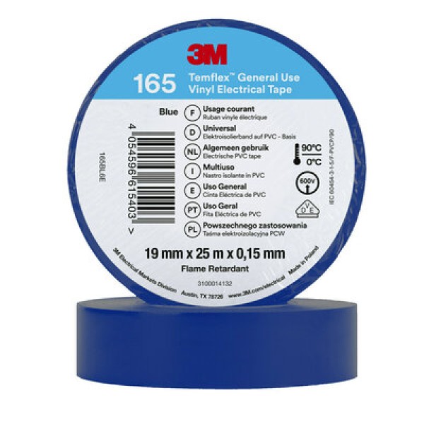 3M™ Temflex™ Vinyl Electrical Tape 165, Blue, 19 mm x 25 m, 100 Rolls/Case