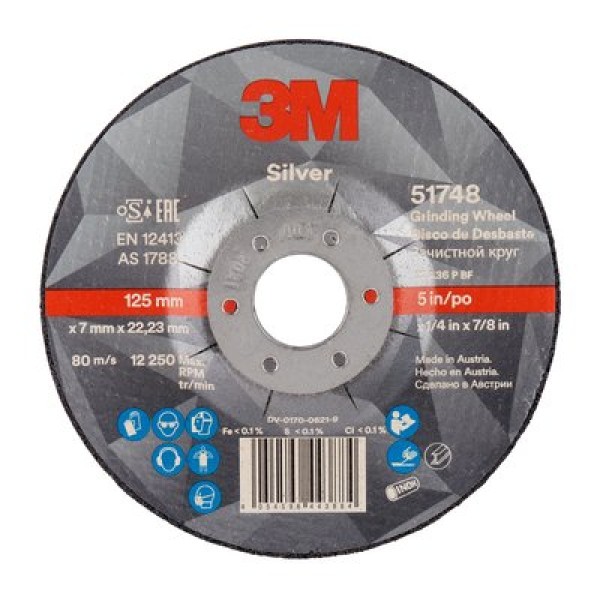 3M™ Silver Depressed Centre Grinding Wheel, T27, 125 mm x 7 mm x 22.2 mm