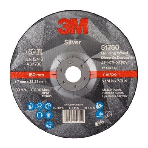 3M™ Silver Depressed Centre Grinding Wheel, T27, 178 mm x 7 mm x 22.2 mm