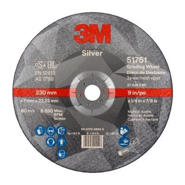 3M™ Silver Depressed Centre Grinding Wheel, T27, 230 mm x 7 mm x 22.2 mm