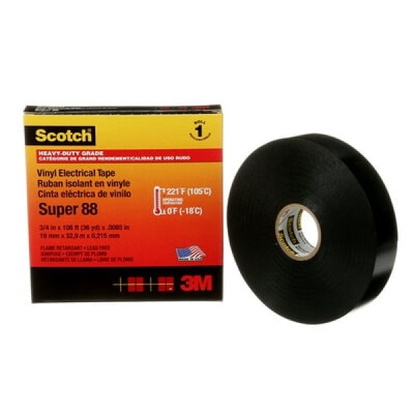 Scotch® Vinyl Electrical Tape Super 88, Black, 19 mm x 33m, 48 per case