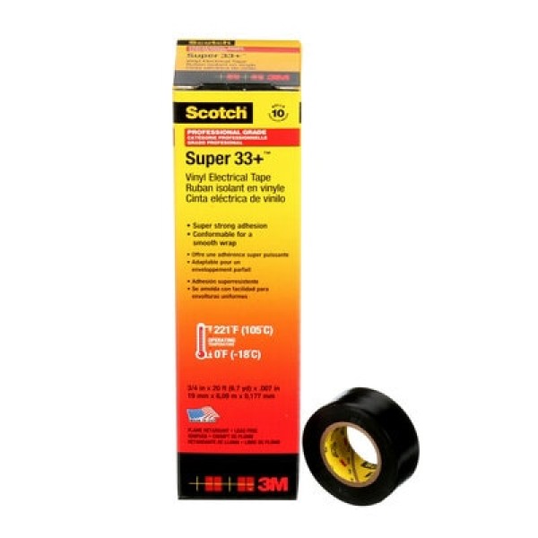 Scotch® Vinyl Electrical Tape Super 33+, Black, 19 mm x 6 m, 10 rolls / carton