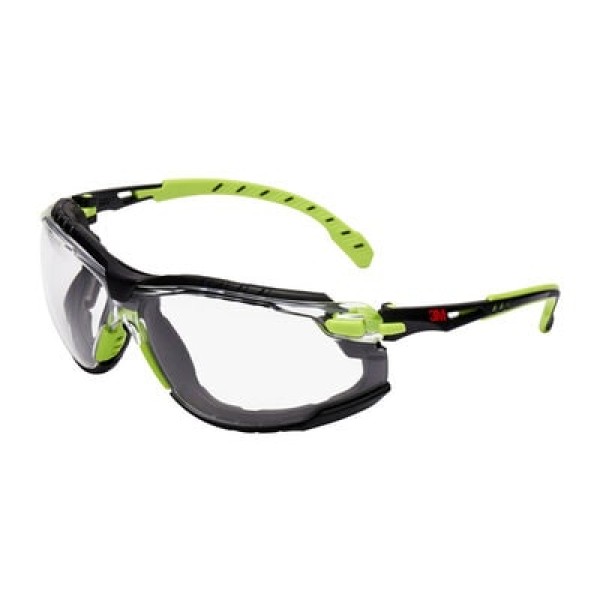 3M™ Solus™ 1000 Safety Glasses, Green/Black Frame, Scotchgard™ Anti-Fog/Anti-Scratch Coating (K&N), Clear Lens, Foam Gasket and Strap, S1201SGAFKT-EU