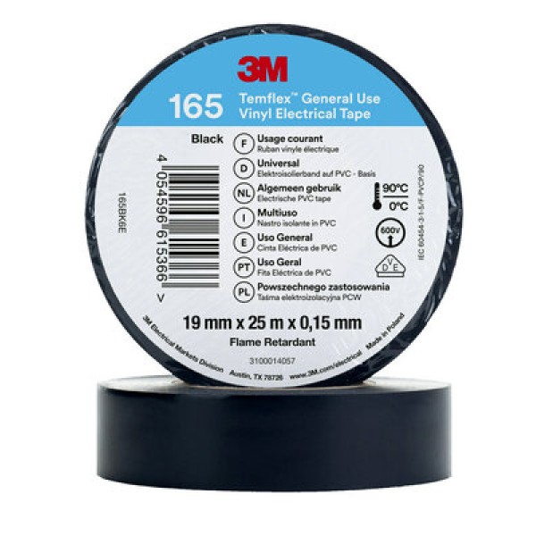 3M™ Temflex™ Vinyl Electrical Tape 165, Black, 19 mm x 25 m, 100 Rolls/Case